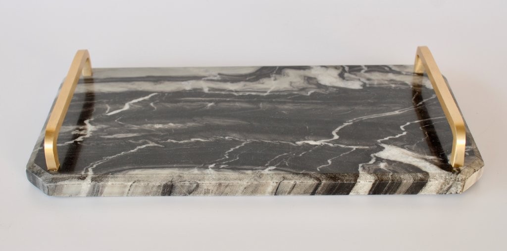 BLACK MARBLE TRAY WITH BRASS HANDLES  36X18CM